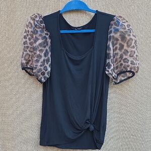 Kim & Cami Black Blouse with Leopard Print Sleeves